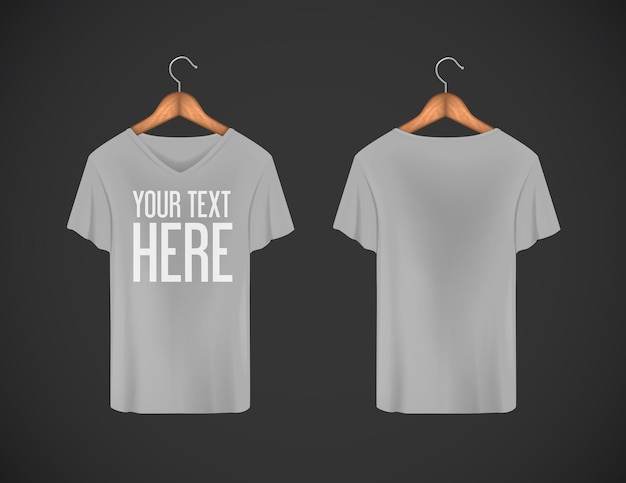 Vector men gray t-shirt. realistic mockup whit brand text for advertising. short sleeve t-shirt template on background.