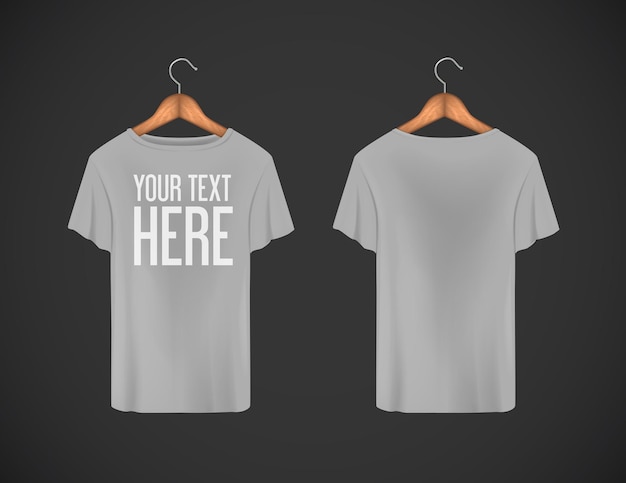 Vector men gray t-shirt. realistic mockup whit brand text for advertising. short sleeve t-shirt template on background.