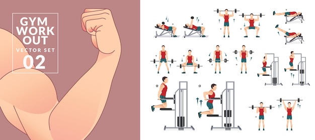 Arm and Back Workout Set with Different Tools Stock Vector