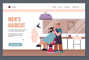 Сайт салона мужской стрижки с парикмахерской и клиентской плоской векторной иллюстрацией