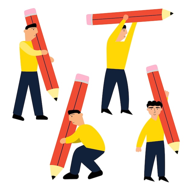 Men hold and carry big pencils. Vector illustration on white background.