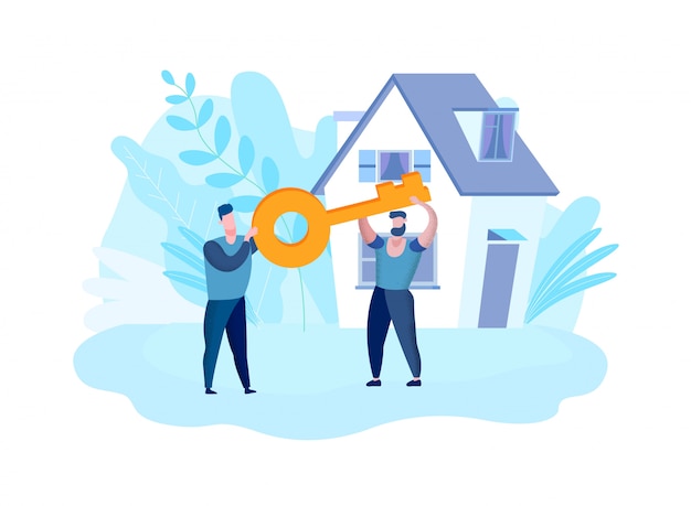 Men hold hands key on background house. vector.