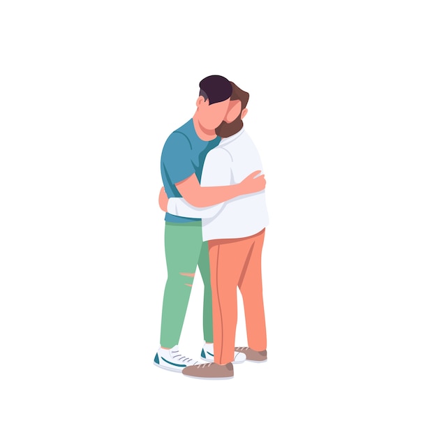 Uomini che abbracciano personaggi senza volto di colore piatto. coppia gay in una relazione romantica. l'uomo abbraccia un amico. illustrazione del fumetto isolata relazione familiare per web design grafico e animazione