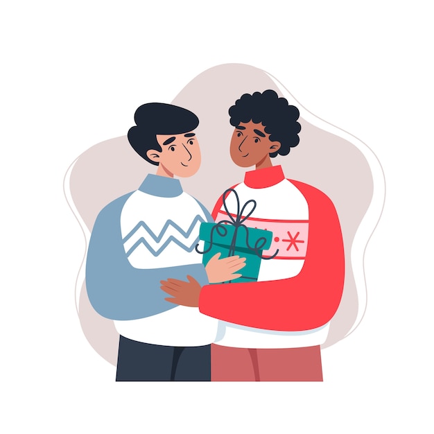 men hugging and holding a gift in flat style