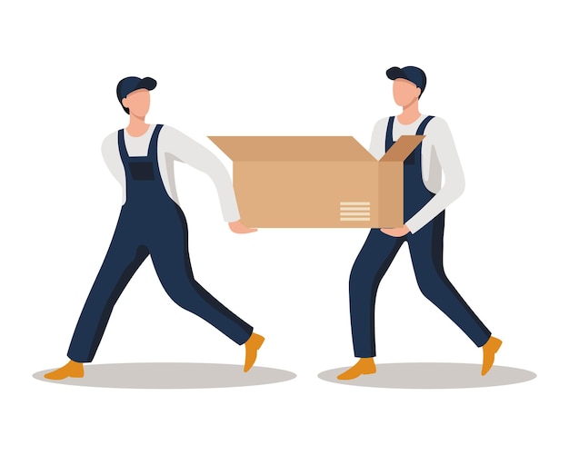 ベクトル オーバーオールを着た男性が箱を運ぶ。貨物の輸送と配送のコンセプト。イラスト、ベクター
