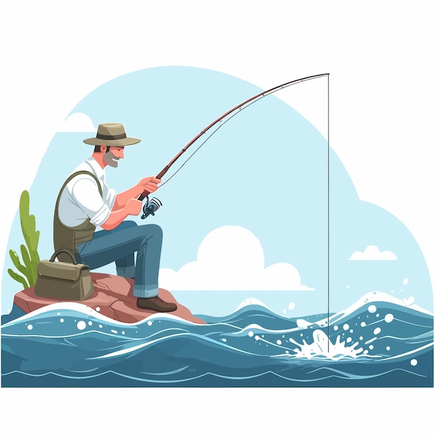 Vector men is fishing in the beach