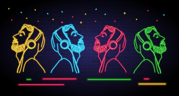 Vector men listening music with headphone neon style element