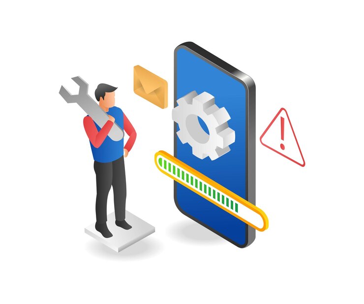 Vector men maintain and upgrade smartphone apps