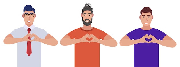 Men making or gesturing heart symbol with fingers. character set