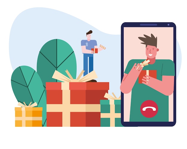 Vector men opening gifts in smartphone characters scene vector illustration design