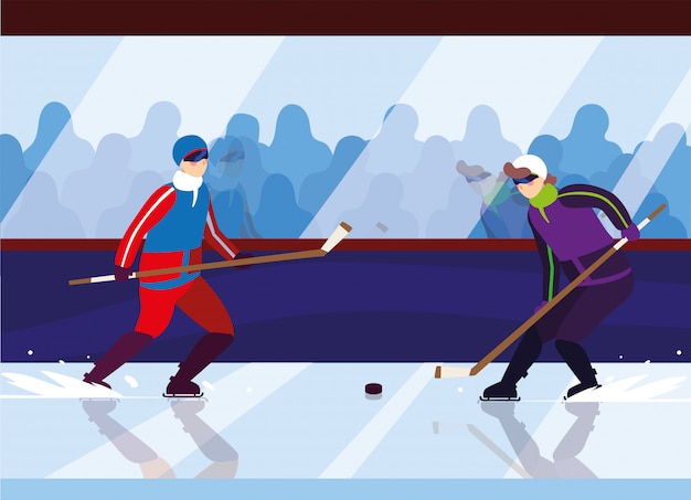 Vector men playing hockey, hockey players with hockey stick, ice hockey puck