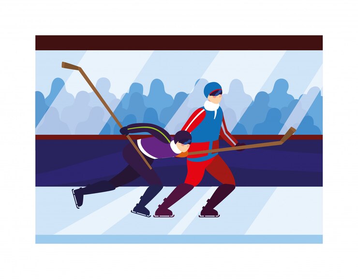 Vector men playing hockey, hockey players with hockey stick, ice hockey puck
