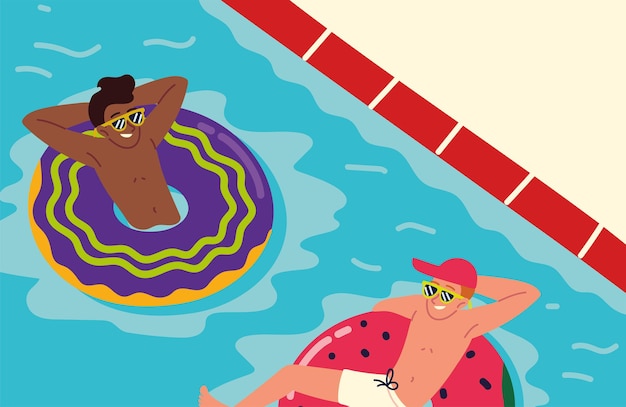 Men in pool with inflatable rings