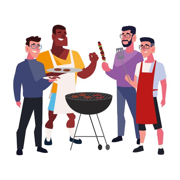 Vector men preparing grill food icon isolated