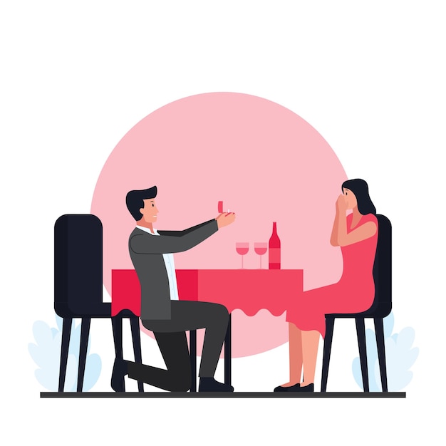 Vector men propose to women at dinner on valentine's day