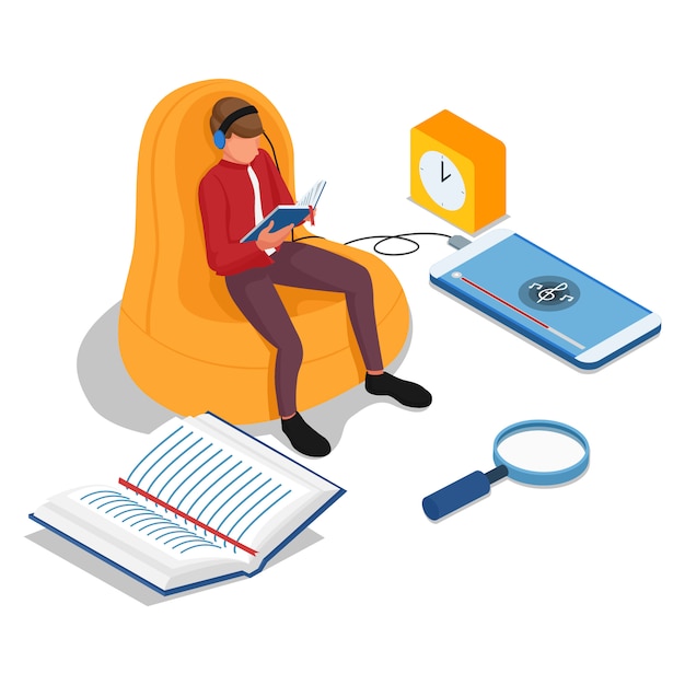 Men reading books and listening to music on cell phones. elearning illustration concept. vector