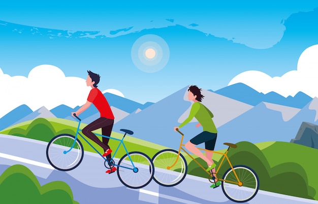 Vector men riding bike in landscape mountainous for road