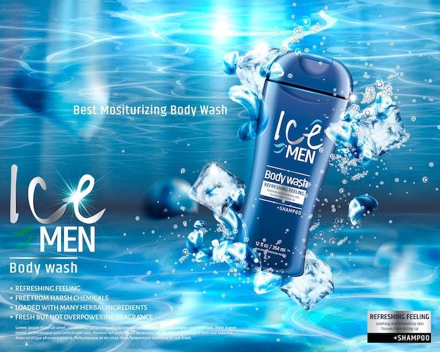 Men's body wash under water with ice cubes elements , men's care product ads