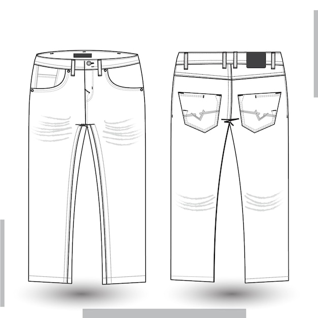 Men's denim long pant fashion flat sketch template design and technical fashion illustration