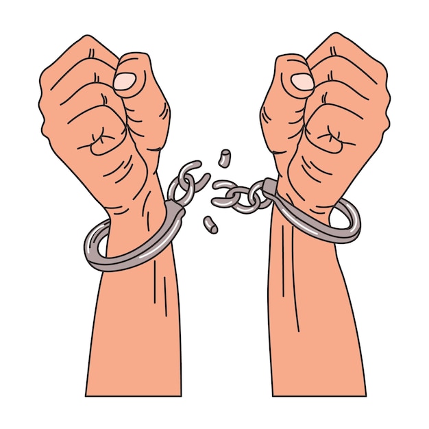 男性の手は鎖を壊します。国家奴隷制と人身売買の概念。図