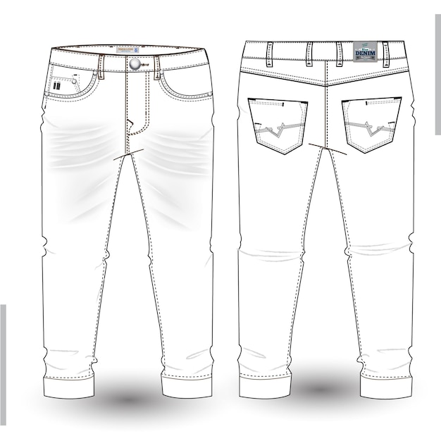 メンズロングパンツファッションフラットスケッチテンプレートとテクニカルファッションイラストジーンズパンツの描画