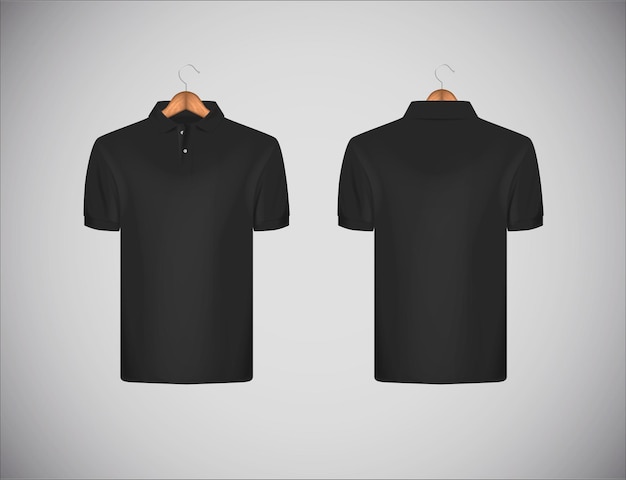 Vector men's slimfitting short sleeve polo shirt black polo shirt in wooden hanger mockup design template for branding