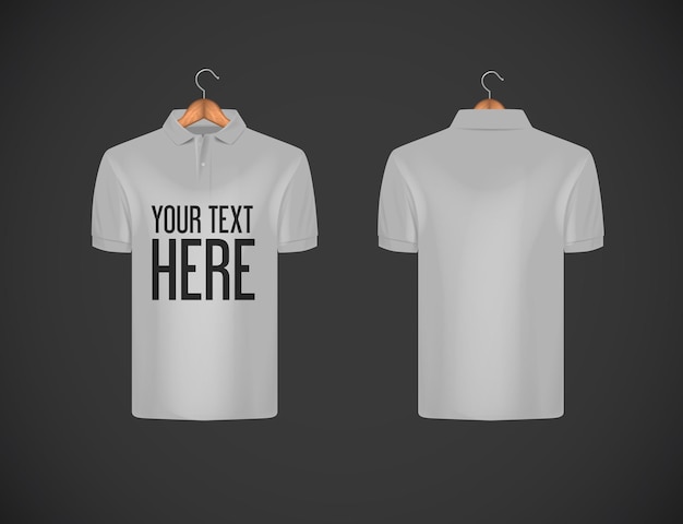 men's slimfitting short sleeve polo shirt with lettering for advertising gray polo shirt with wooden hanger isolated mockup design template for branding