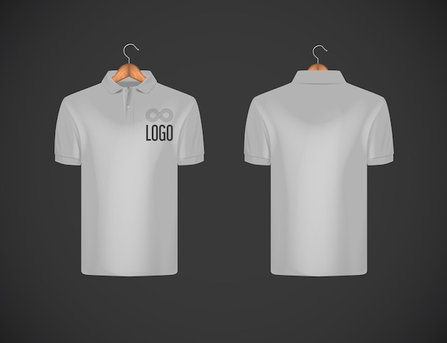 Men's slimfitting short sleeve polo shirt with logo for advertising Gray polo shirt with wooden hanger isolated mockup design template for branding