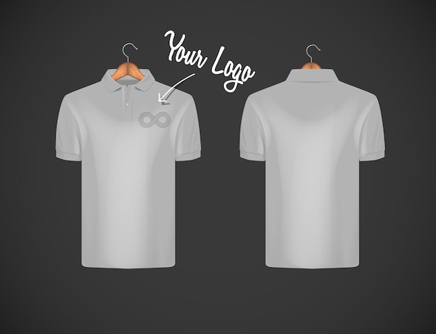 Vettore polo da uomo slimfit a maniche corte con logo per la pubblicità polo grigia con modello di design mockup isolato con gruccia in legno per il branding