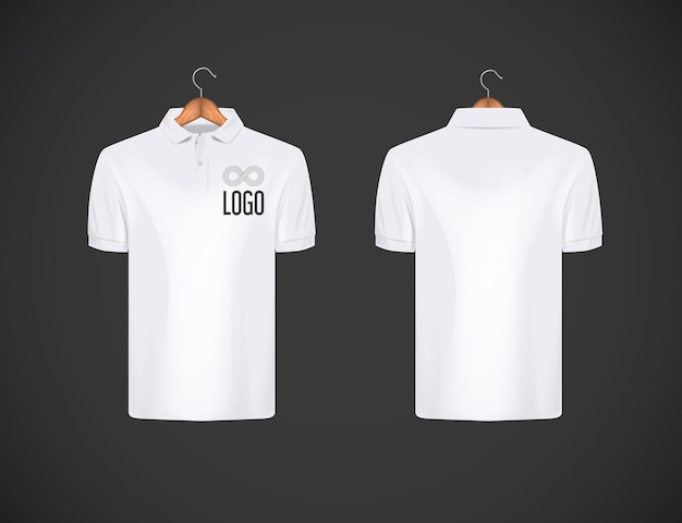 Vector men's slimfitting short sleeve polo shirt with logo for advertising white polo shirt with wooden hanger isolated mockup design template for branding