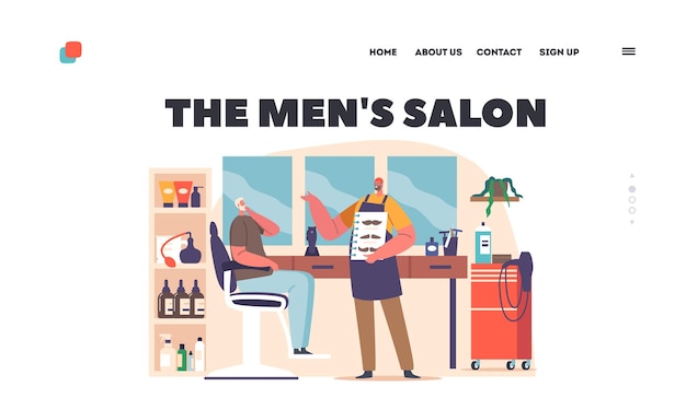 Men Salon Landing Page Template Barbershop Services Concept with Barber Offer to Client Mustaches Style Illustration