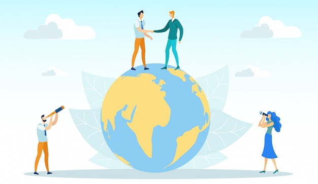 Men Shaking Hands Standing on Globe, Business