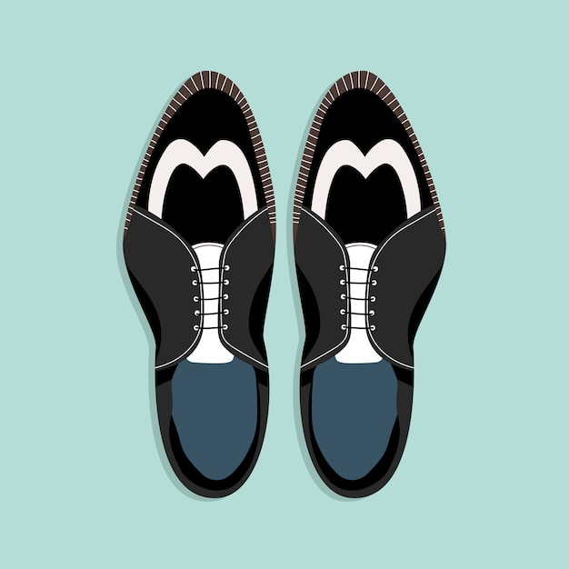 Scarpe da uomo con lacci. vista dall'alto verso il basso. illustrazione classica delle scarpe degli uomini in bianco e nero. clipart disegnati a mano per web e stampa. illustrazione di stile alla moda di un paio di scarpe da uomo.