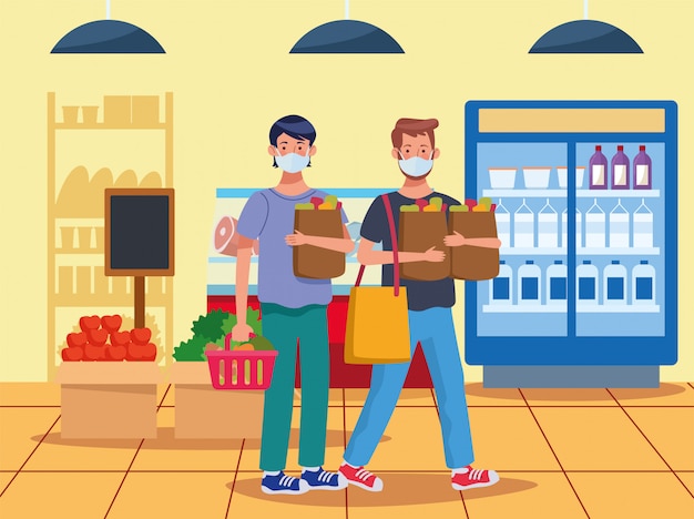 Men shopping in supermarket with face mask