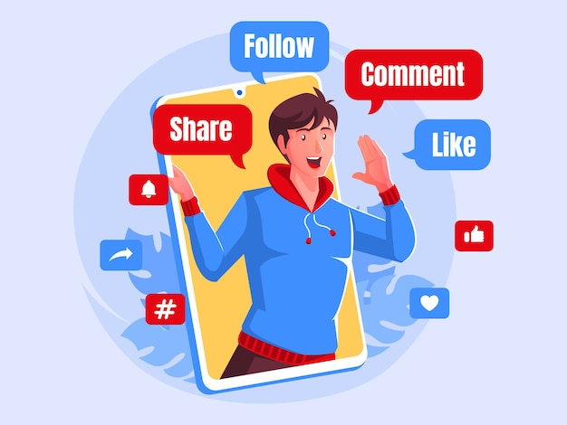 Men shout promotion social media share follow comment and like