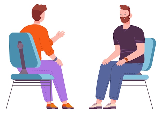 Men sitting on chairs and talking Therapy icon Mental health treatment