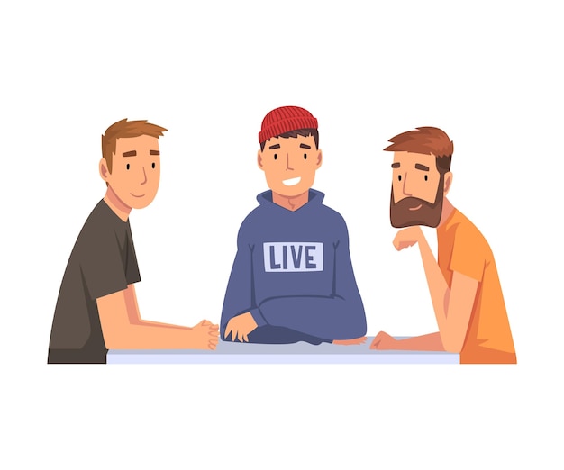 Men sitting and looking at us set meeting of friends cartoon vector illustration