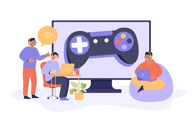 Вектор мужчины сидят и играют в видеоигры с плоской векторной иллюстрацией