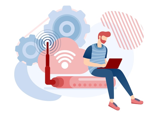 Мужчины, сидящие на маршрутизаторе и подключенные к сети Wi-Fi