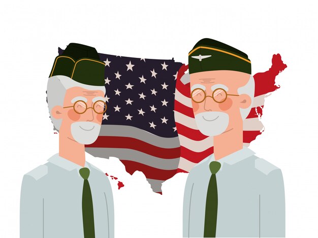 Vector men soldiers of war with flag of united states