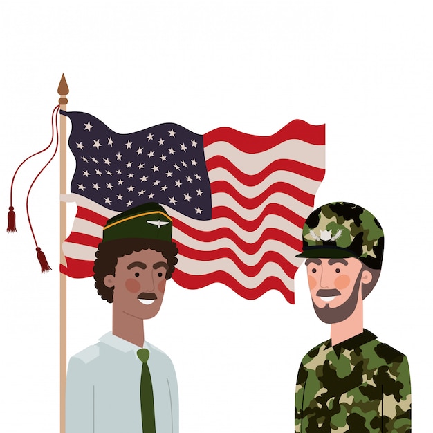 미국 국기와 함께 전쟁의 남자 군인