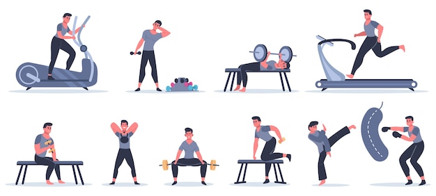 Vector men at sport gym. male fitness character run, pull up, work with punching bag, sport character exercise at sport gym  illustration set. male training in sportswear, healthy lifestyle