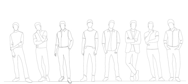 Vector men stand one continuous line drawing, vector, isolated