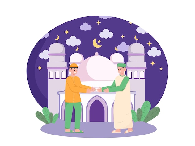 Men standing in front of a mosque and the moon is shining ramadan illustration