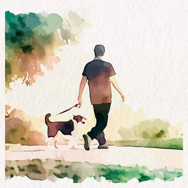 Vector men taking his dog on a walk in water colour style vector