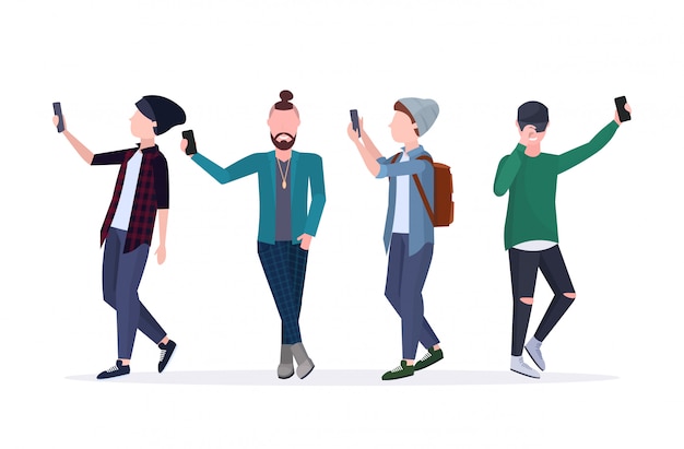 Vector men taking selfie photo on smartphone camera casual male cartoon characters standing together in different poses white background  full length horizontal