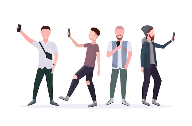 Vector men taking selfie photo on smartphone camera casual male cartoon characters standing together in different poses white background  full length horizontal