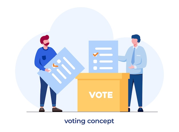 Gli uomini gettano le liste di voto in un'urna elettorale concetto di voto libertà di scelta concetto di democrazia illustrazione vettoriale piatta