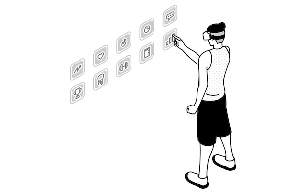 Vector men touching the menu icon in the air vr fitness app wearing vr goggles