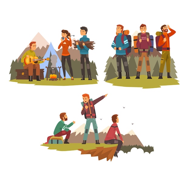 Vector men travelling together camping people tourists hiking in mountains backpacking trip or expedition vector illustration isolated on a white background